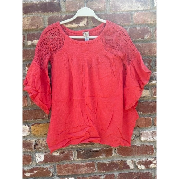 Studio West Tops - Studio West Womens Coral Pink Boho Smocked Crochet Lace Bell Sleeve Blouse Small